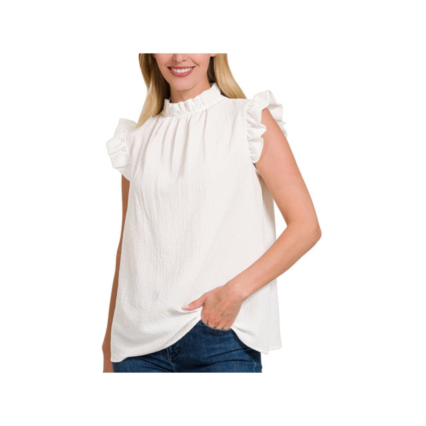 OFF WHITE WOVEN BUBBLE AIRFLOW MOCK NECK TOP - SALE - SMALL, MEDIUM & LARGE AVAILABLE