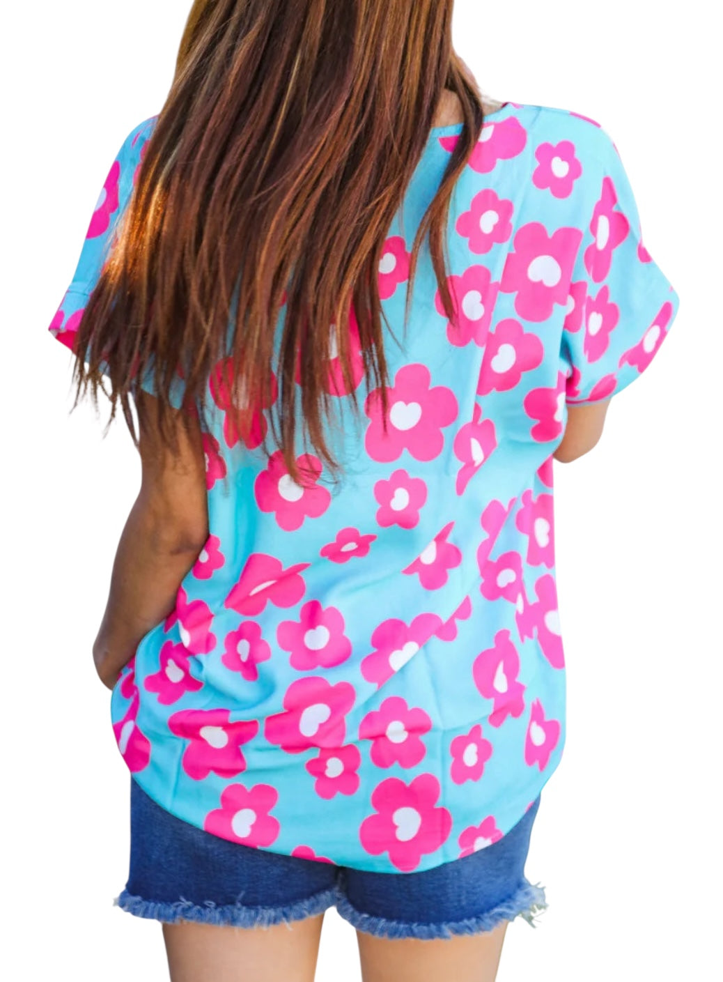 AQUA BLUE AND PINK FLORAL PRINT DOLMAN TOP- PLUS- SALE-  1X, 2X & 3X AVAILABLE