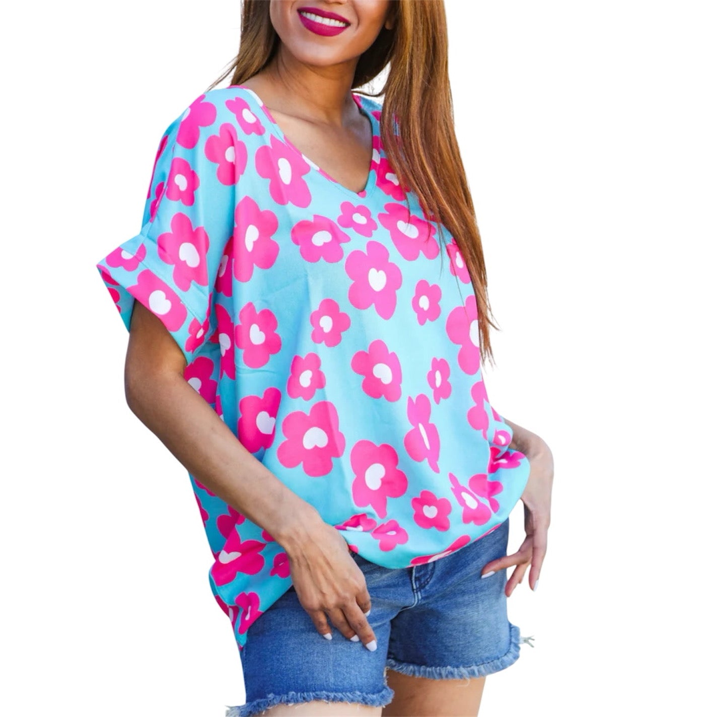 AQUA BLUE AND PINK FLORAL PRINT DOLMAN TOP- PLUS- SALE-  1X, 2X & 3X AVAILABLE