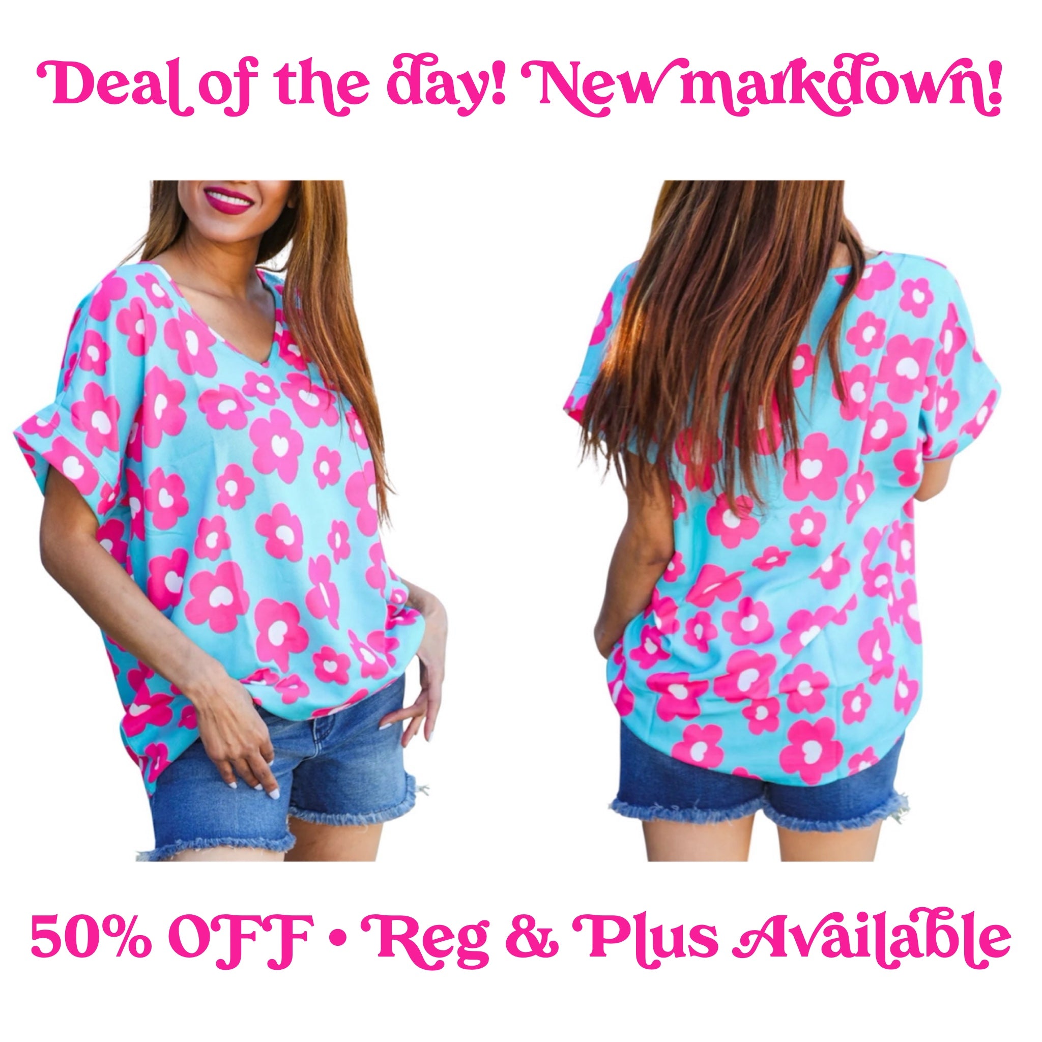 AQUA BLUE AND PINK FLORAL PRINT DOLMAN TOP- PLUS- SALE-  1X, 2X & 3X AVAILABLE