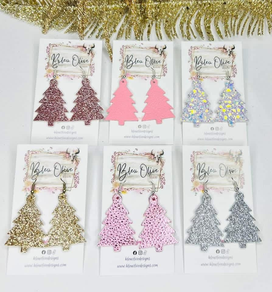 GLITZ & GLAM LEATHER CHRISTMAS TREES HANDMADE EARRINGS BY B.O.D