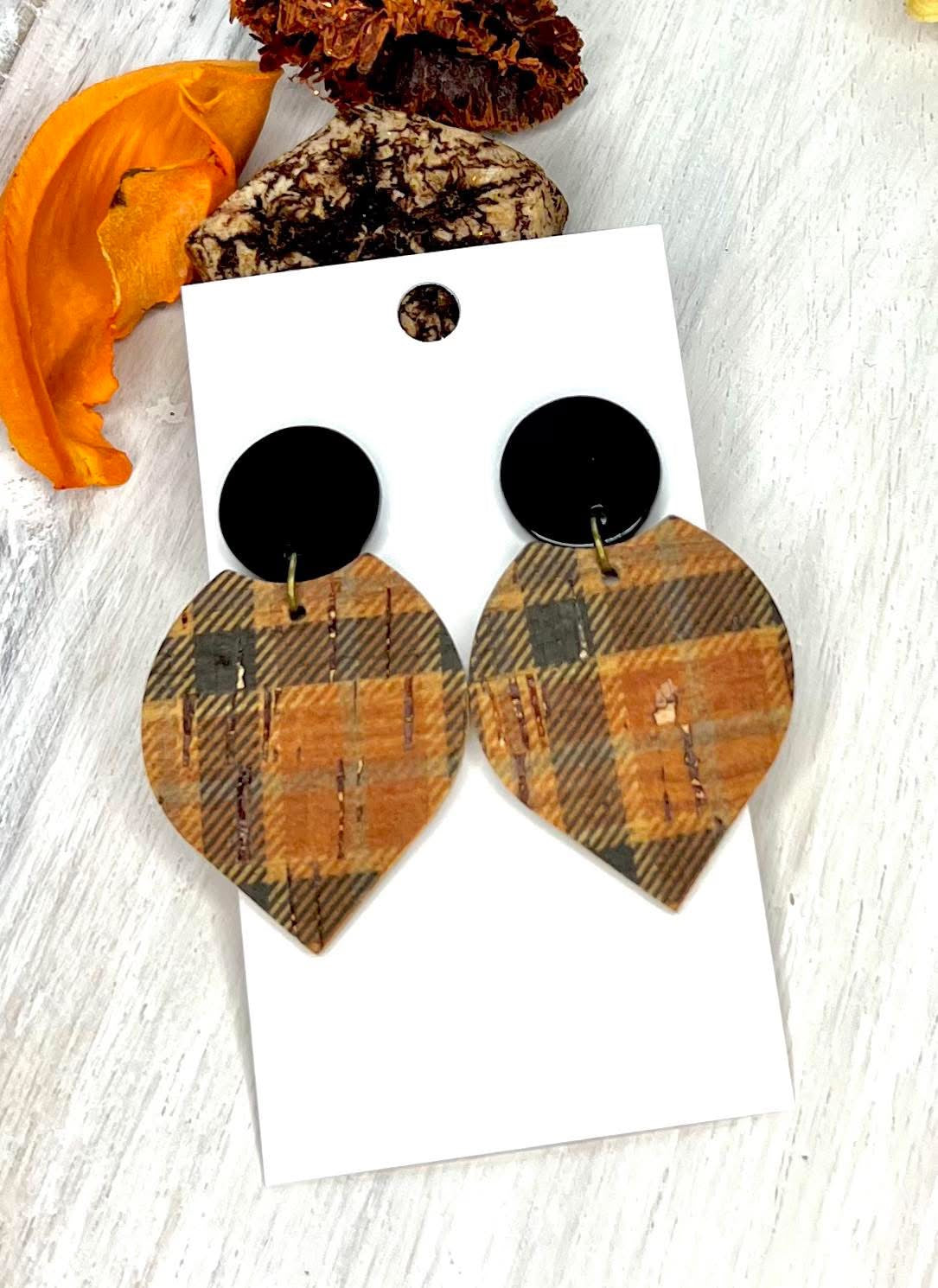 DAD'S FLANNEL PLAID TEARDROP LEATHER & ACRYLIC HANDMADE EARRINGS BY B.O.D