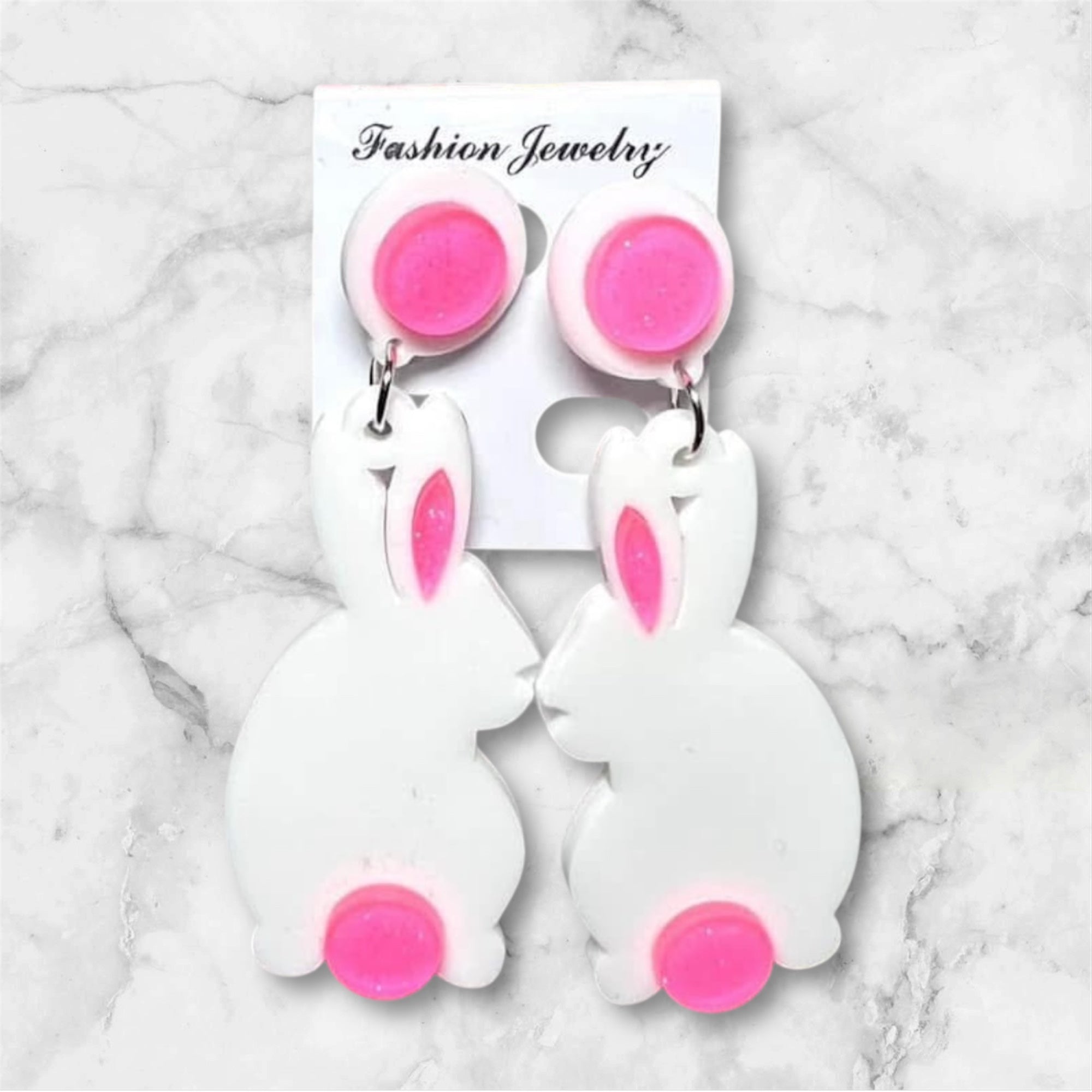 SITTING EASTER BUNNY PINK BUNNY ACRYLIC WHITE EARRINGS- SALE- 1 LEFT
