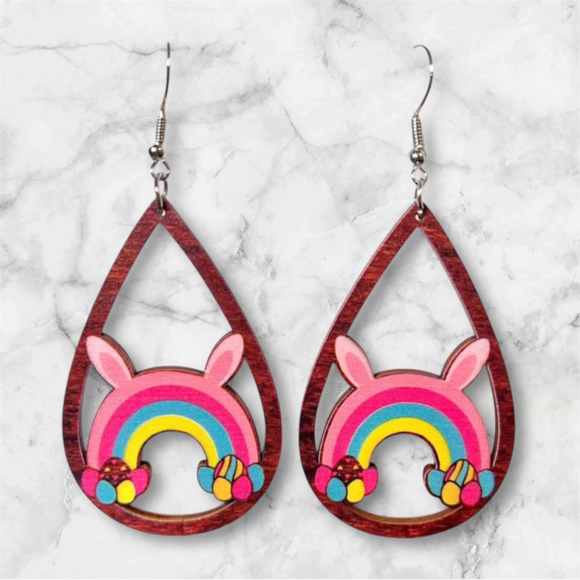 EASTER BUNNY EAR RAINBOW TEARDROP WOOD DANGLE EARRINGS- SALE