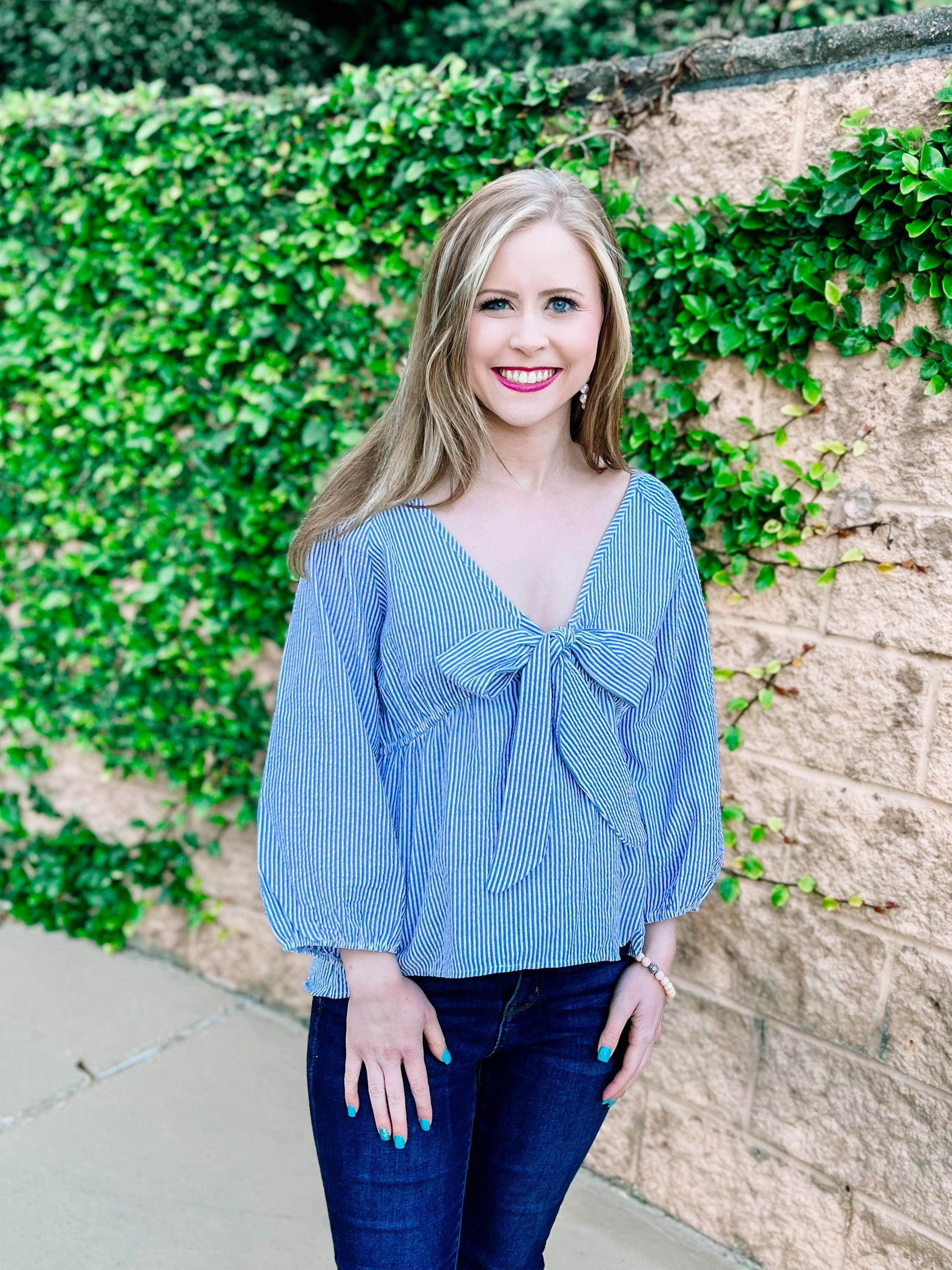 Seersucker Blue Striped Knotted Top- PLUS- SALE