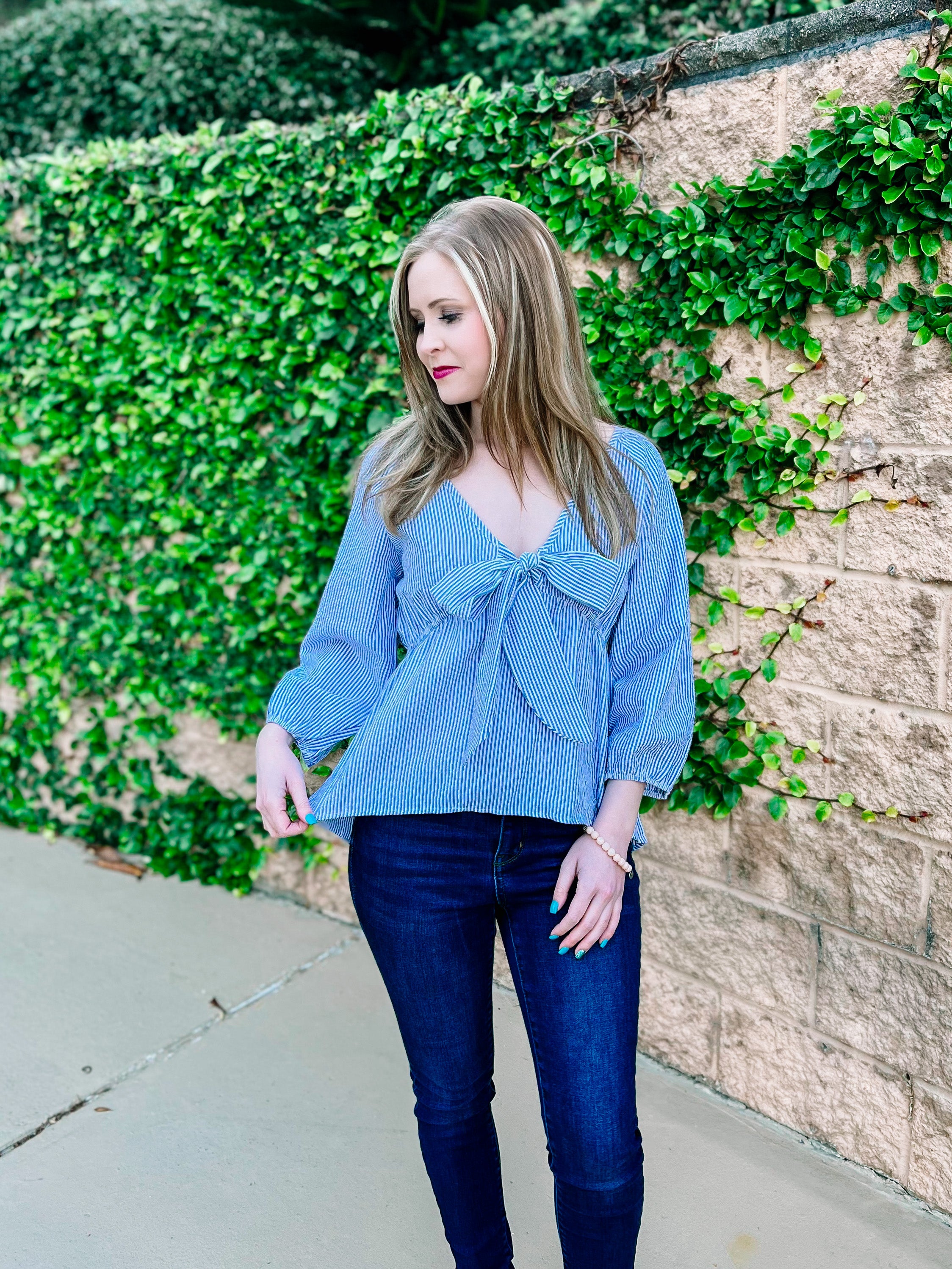 Seersucker Blue Striped Knotted Top- PLUS- SALE