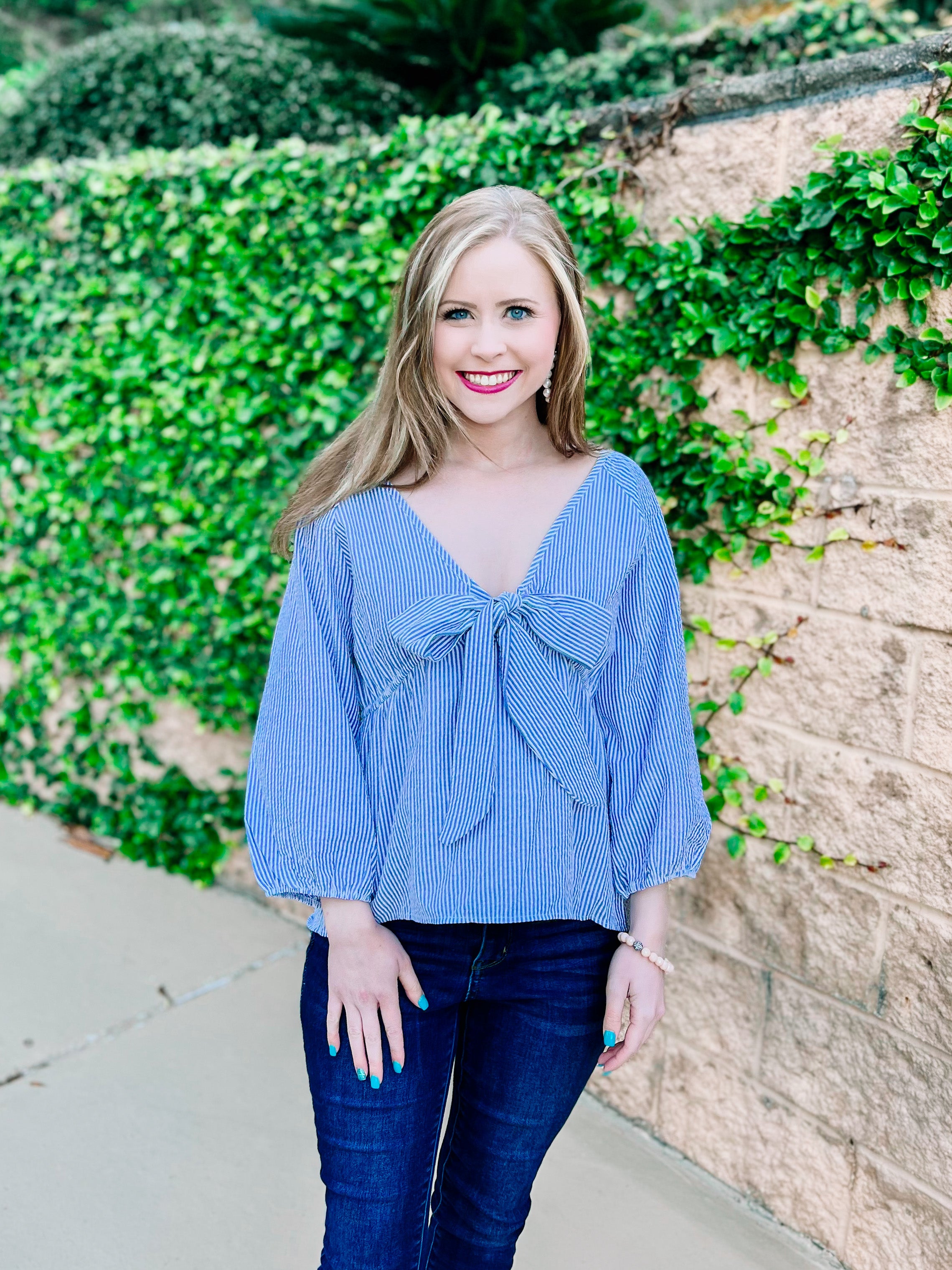 Seersucker Blue Striped Knotted Top- PLUS- SALE