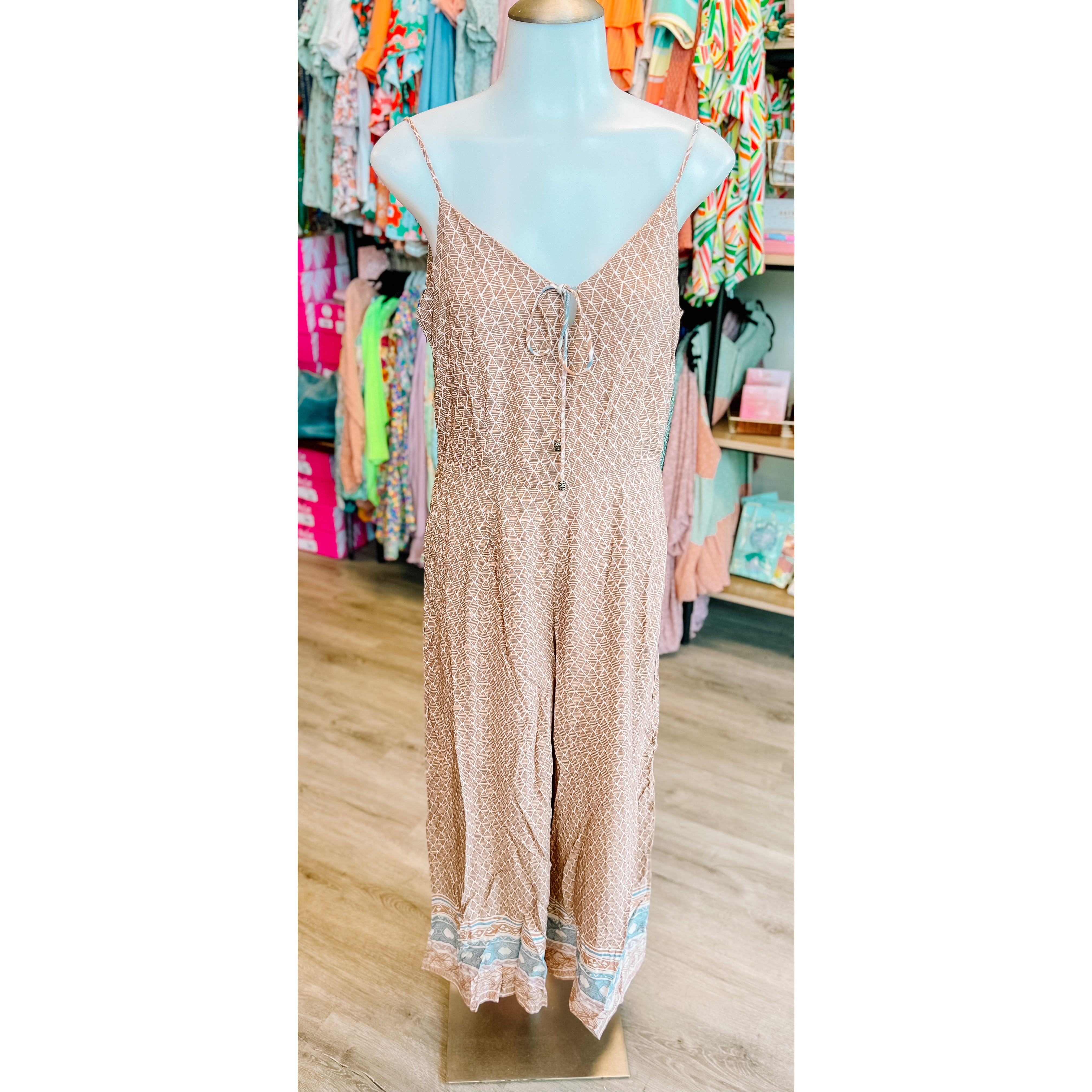 TAUPE PRINTED STRAPPY FLARE PANT JUMPSUIT