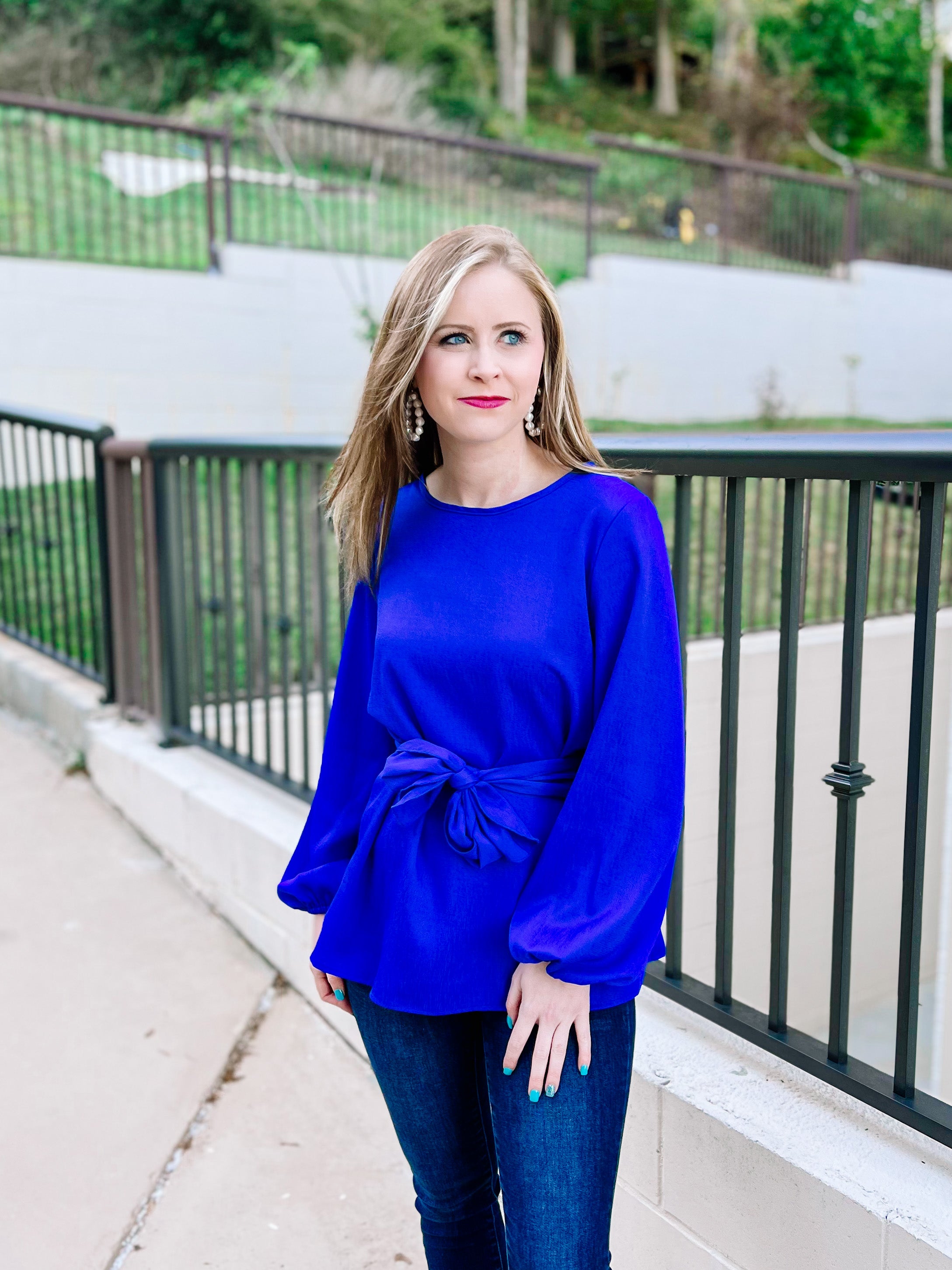 Royal Blue Tie Waist Bow Blouse