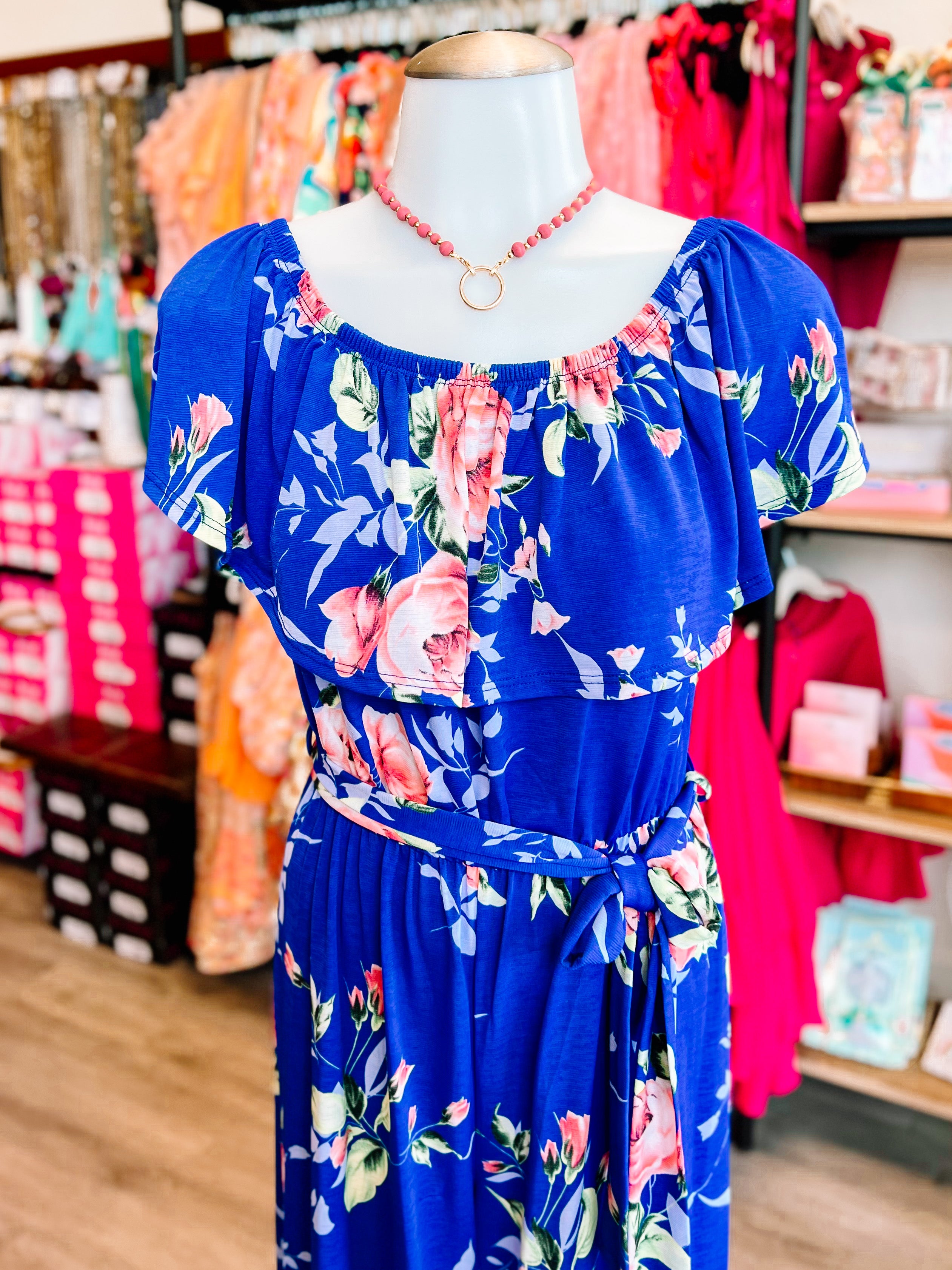 Blue Floral Off/On Shoulder Jumpsuit