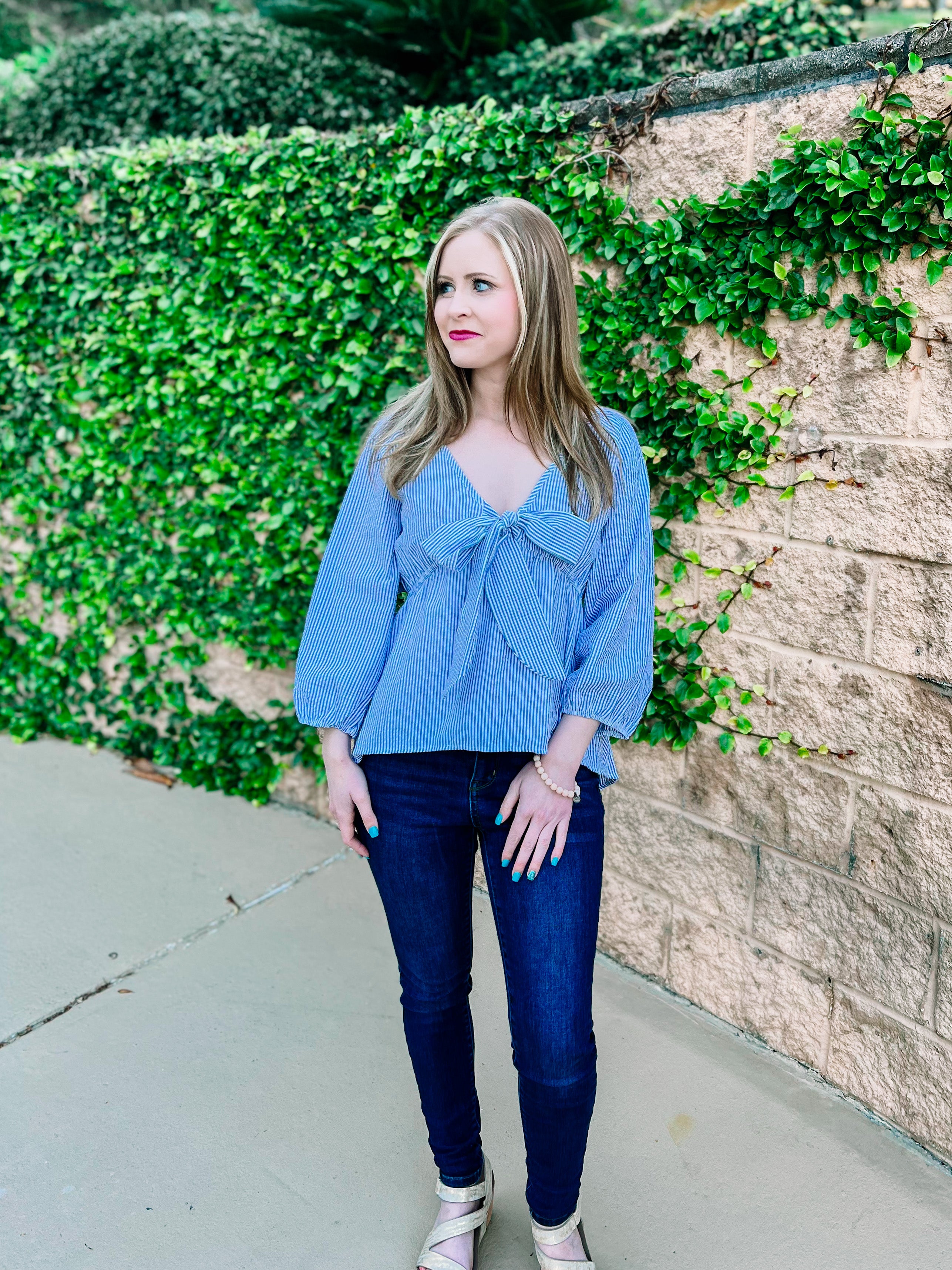 Seersucker Blue Striped Knotted Top- PLUS- SALE