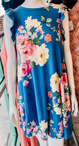 Blue Floral Ruffle Dress