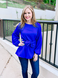 Royal Blue Tie Waist Bow Blouse