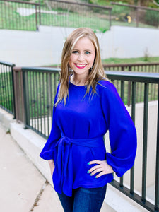 Royal Blue Tie Waist Bow Blouse