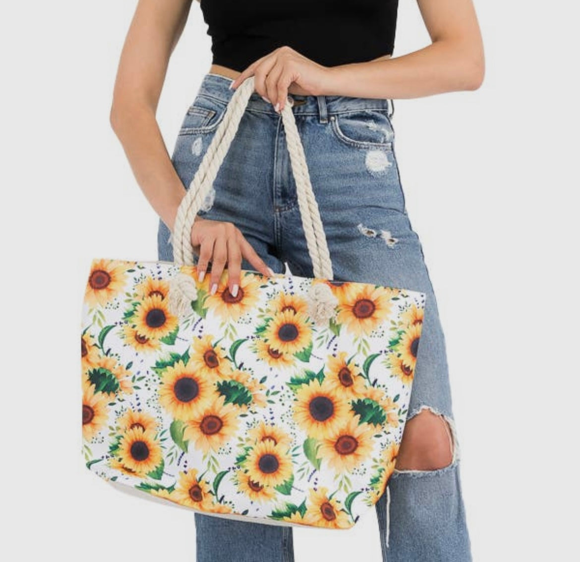 White Sunflower Rope Handled Cotton Tote Bag