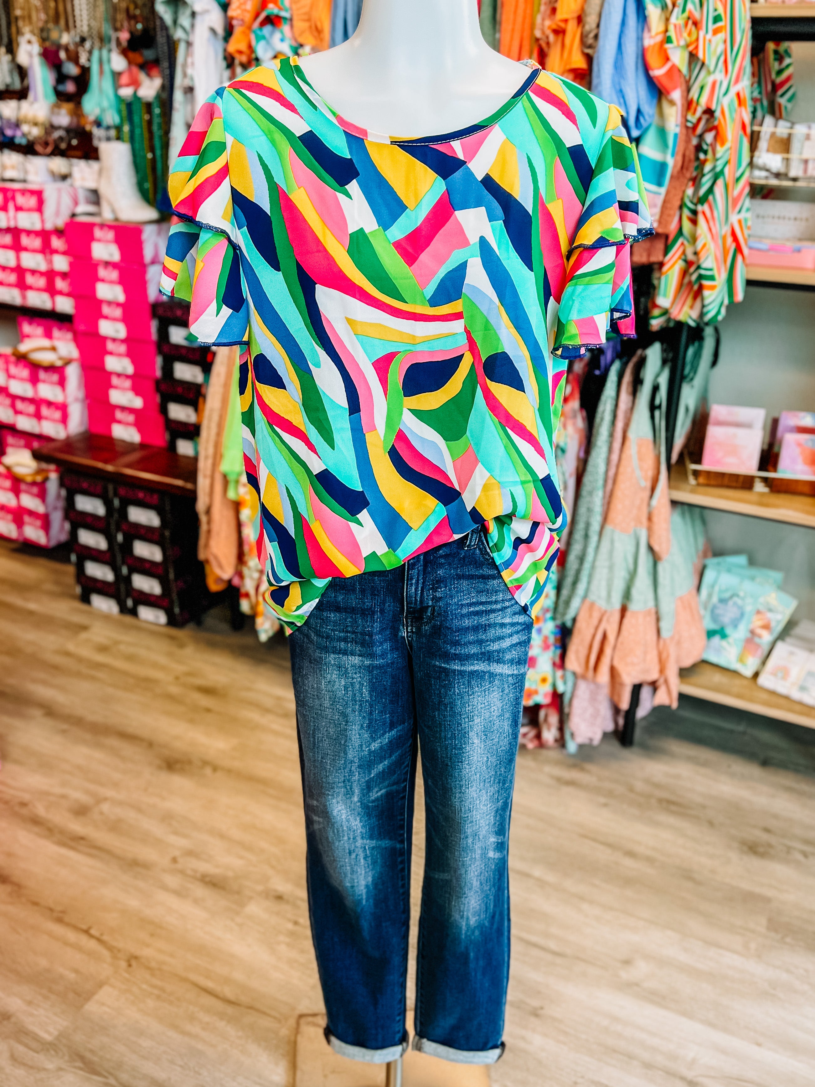 Green Navy Geometric Rufle Top- PLUS- SALE- 1X AVAILABLE