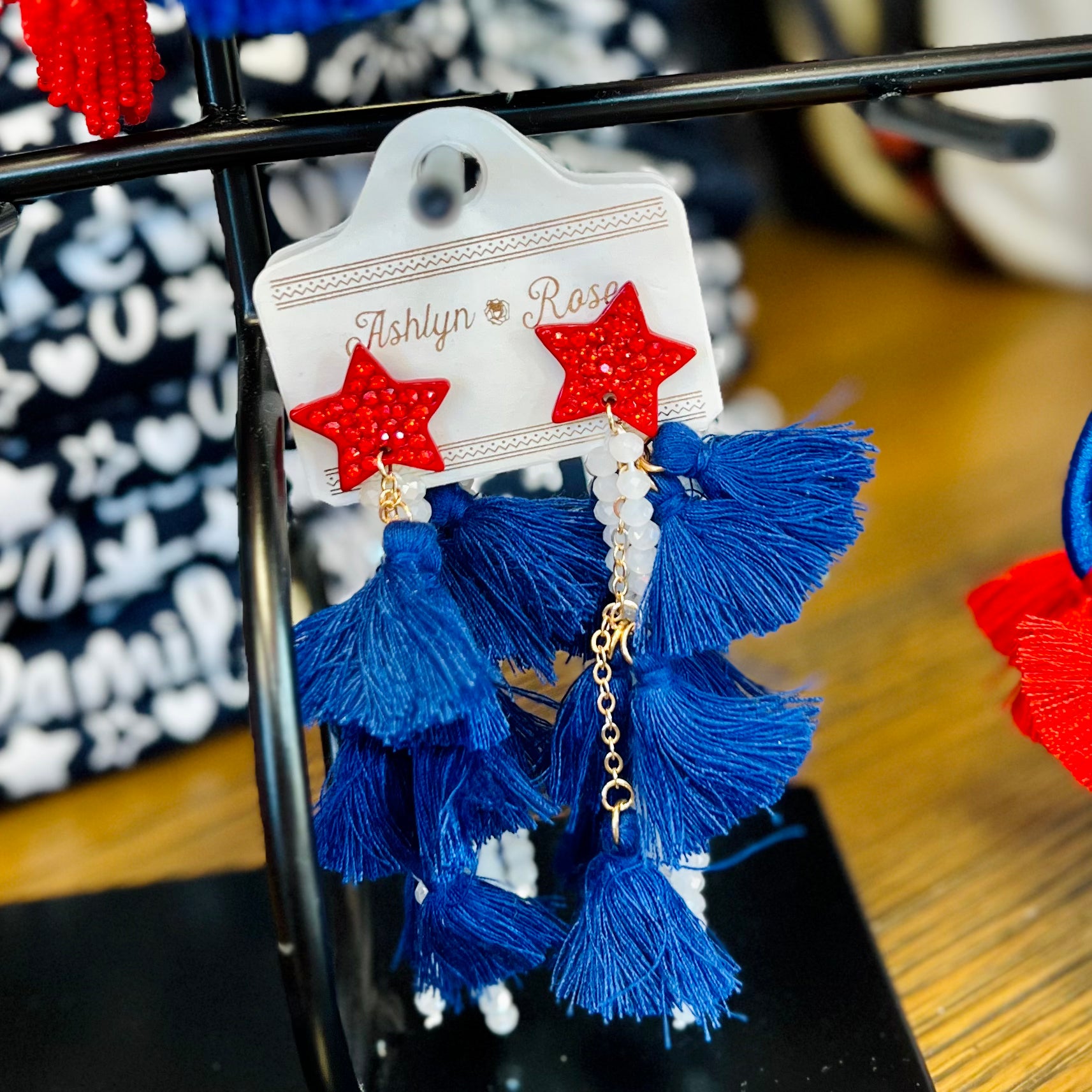 Blue Tassel White Bead Tassel Red Star Earrings