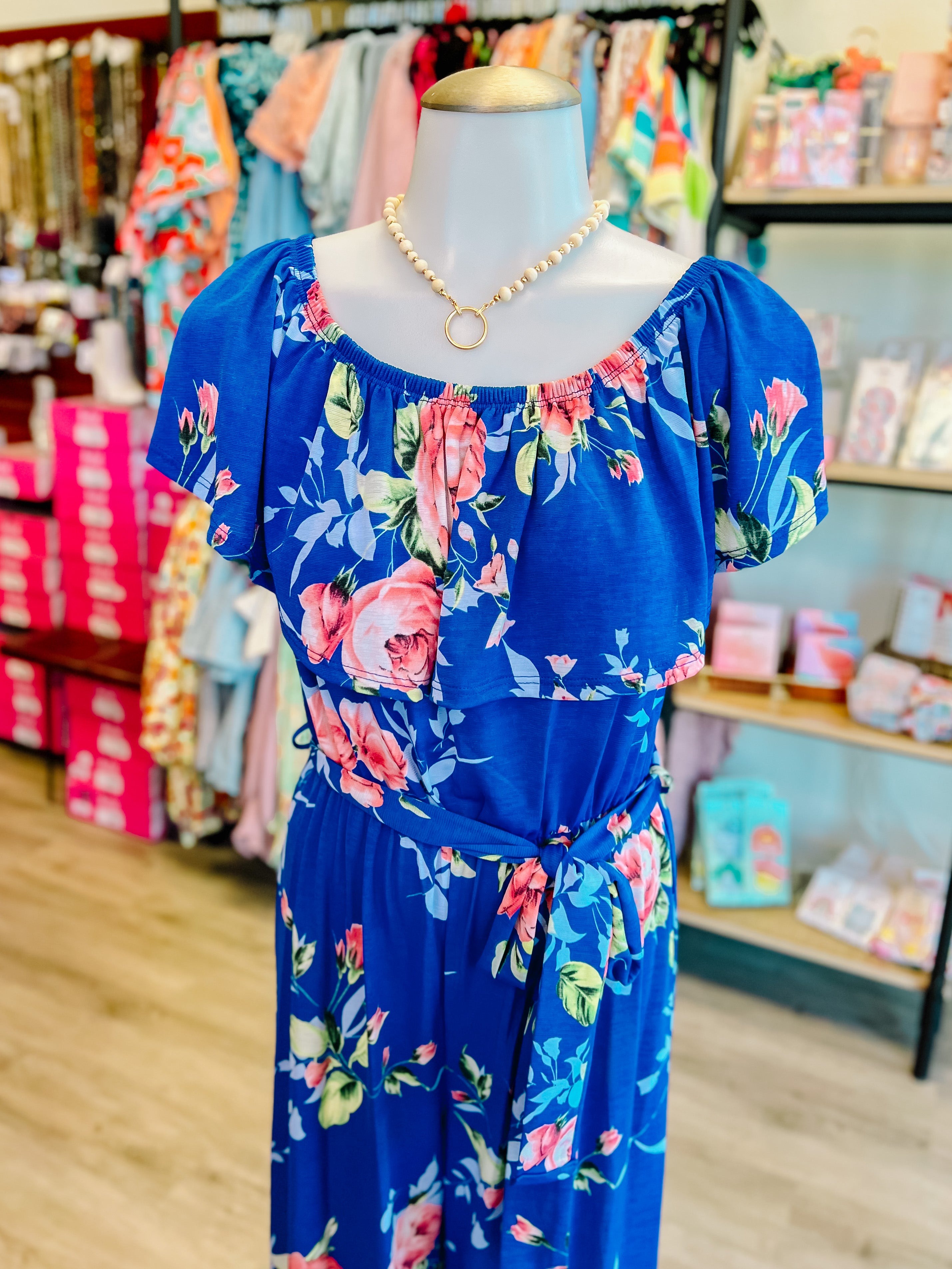 Blue Floral Off/On Shoulder Jumpsuit