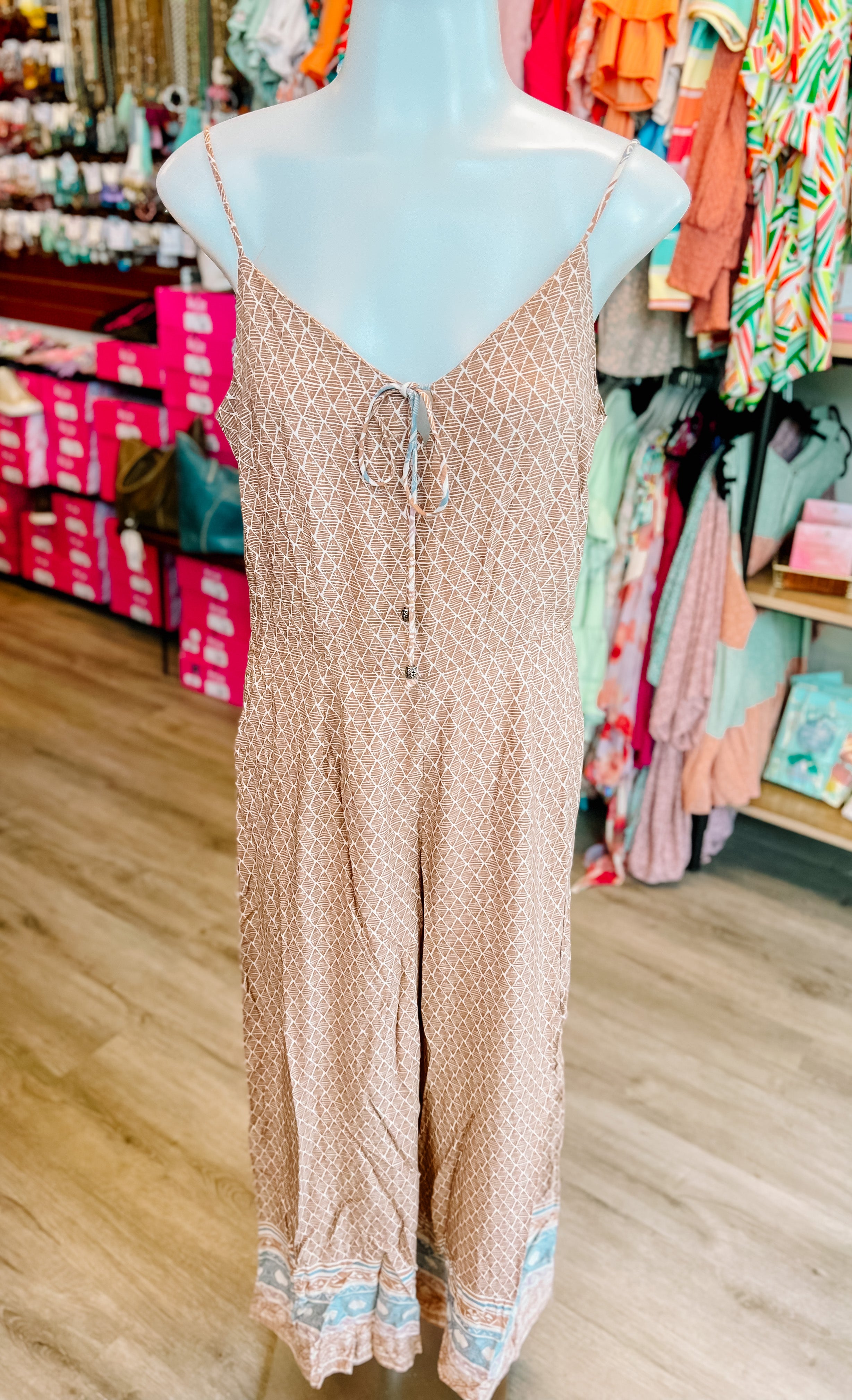 TAUPE PRINTED STRAPPY FLARE PANT JUMPSUIT