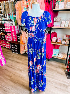 Blue Floral Off/On Shoulder Jumpsuit