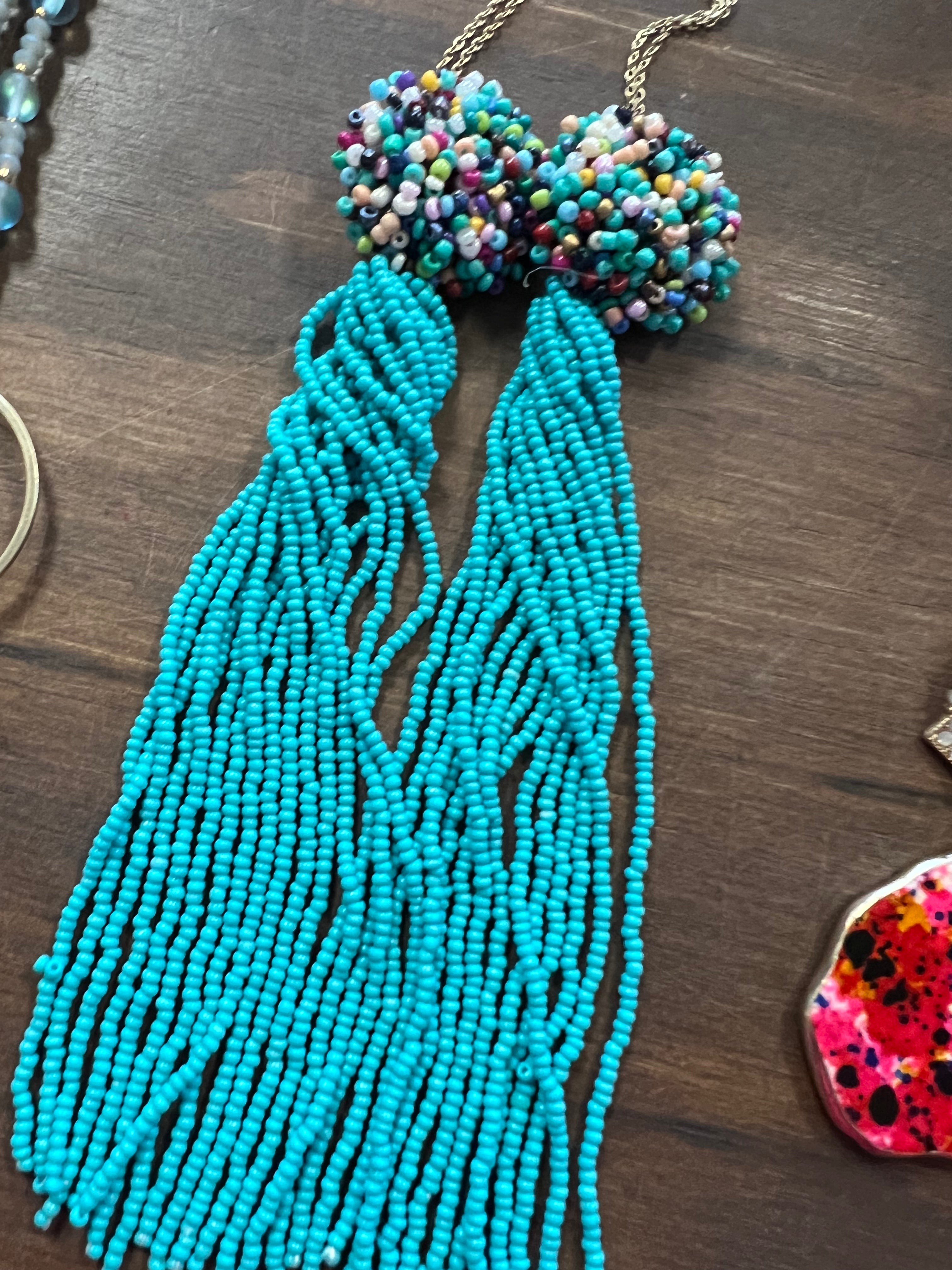 Gold Chain Seedbead Tassel Cluster Necklace