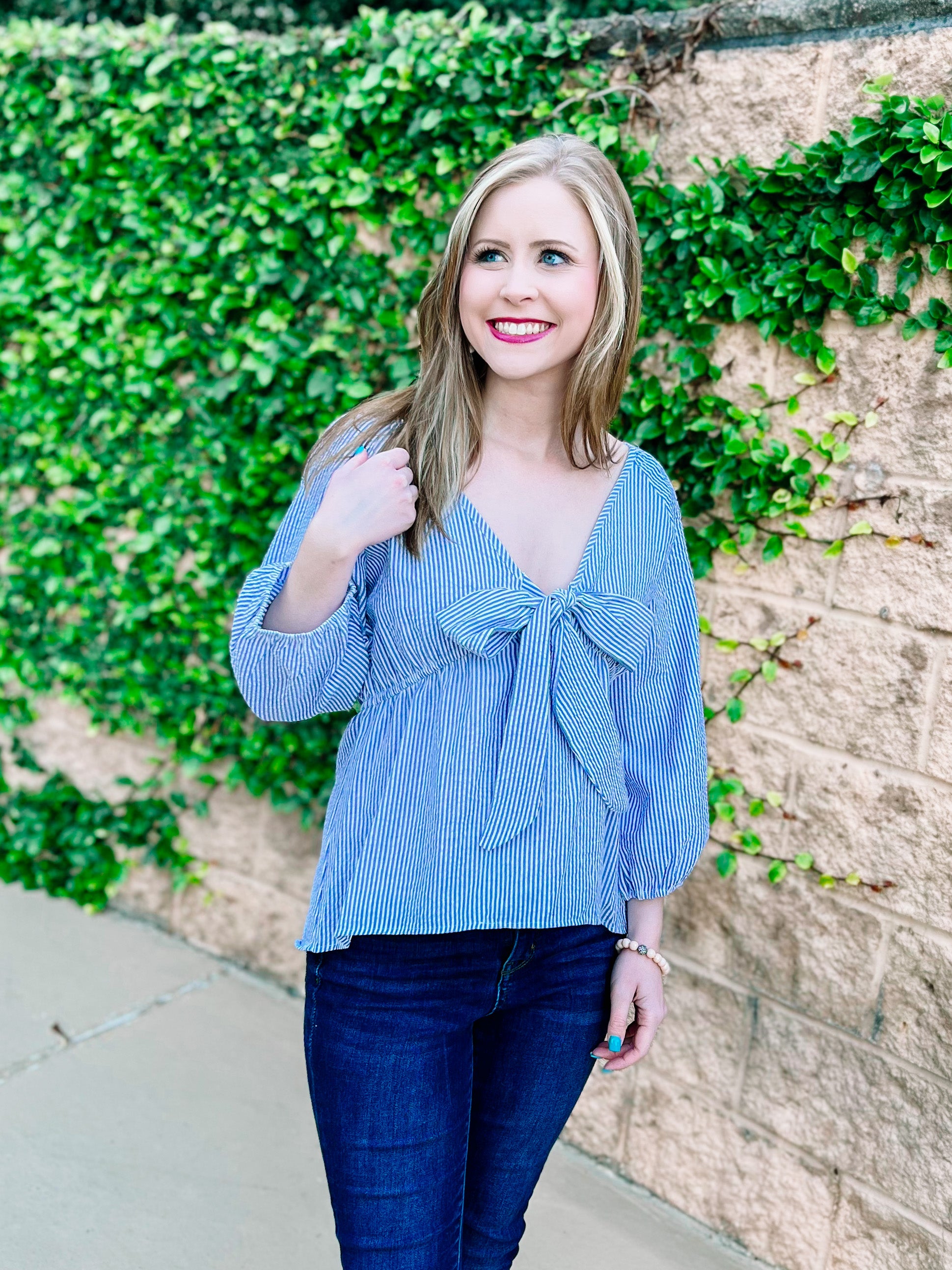 Seersucker Blue Striped Knotted Top- PLUS- SALE