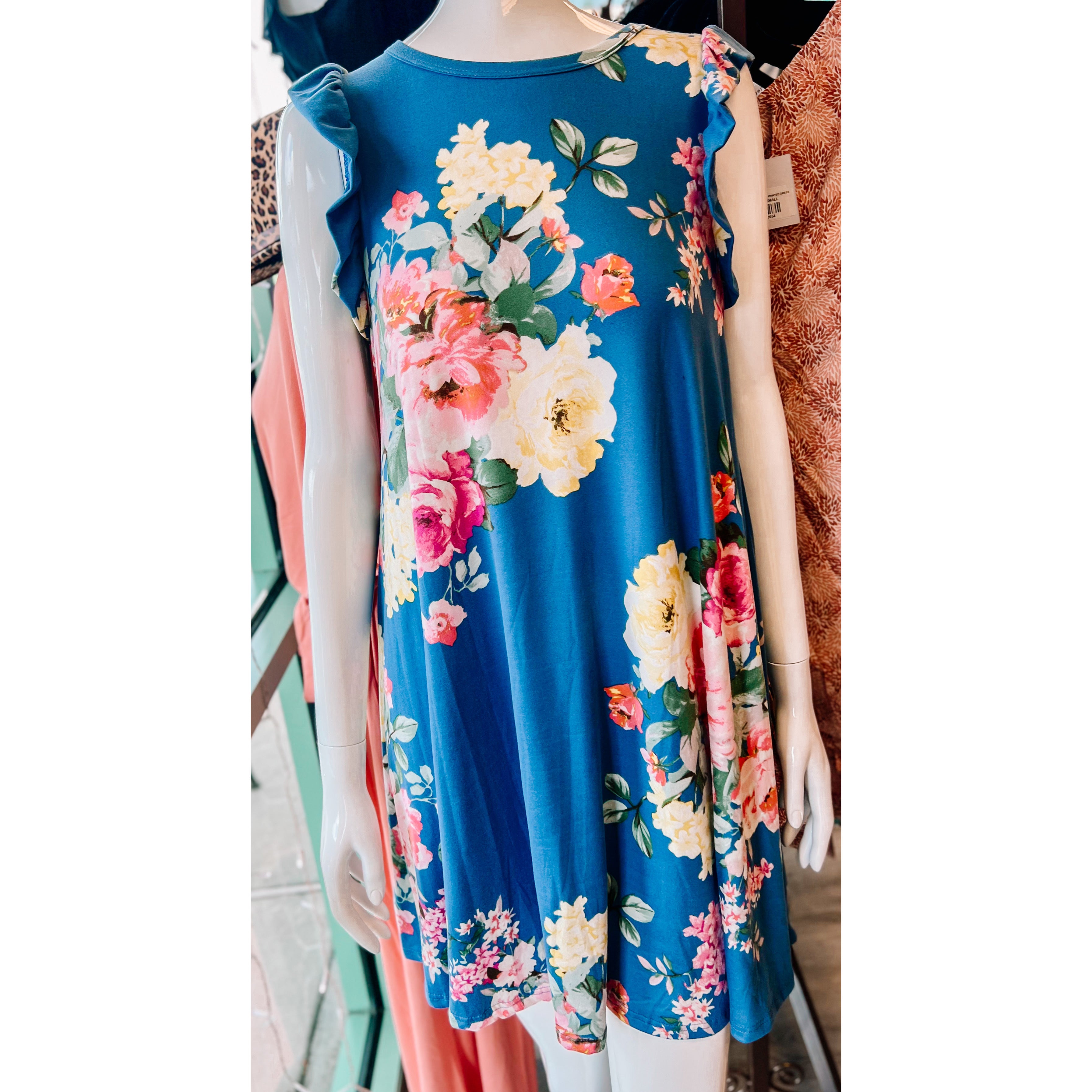 Blue Floral Ruffle Dress