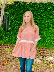 Coral Floral Short Sleeve Top-PLUS 3X