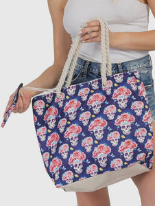Sugar Skull Floral Tote Bag With Mini Pouch Inside