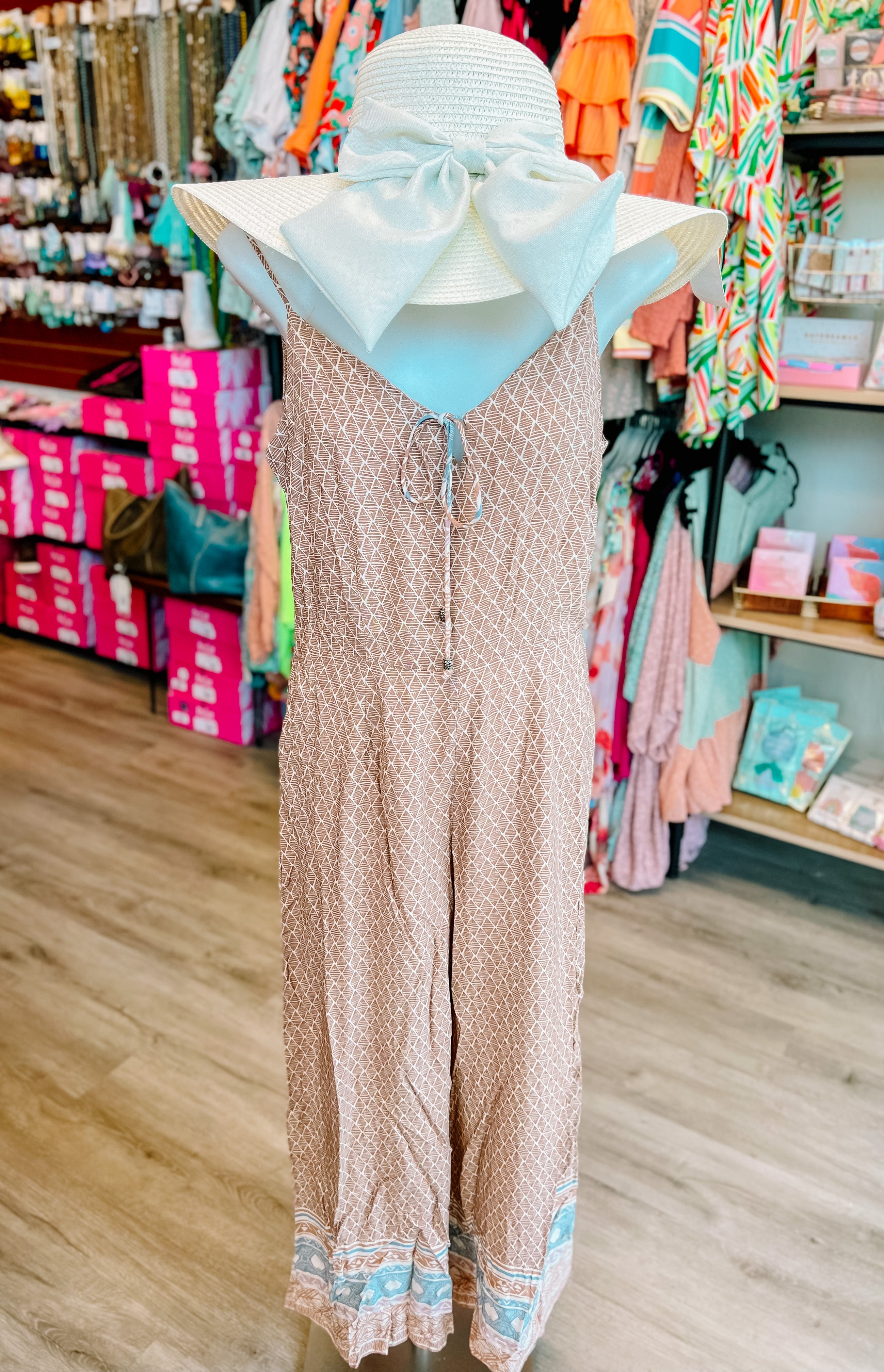 TAUPE PRINTED STRAPPY FLARE PANT JUMPSUIT