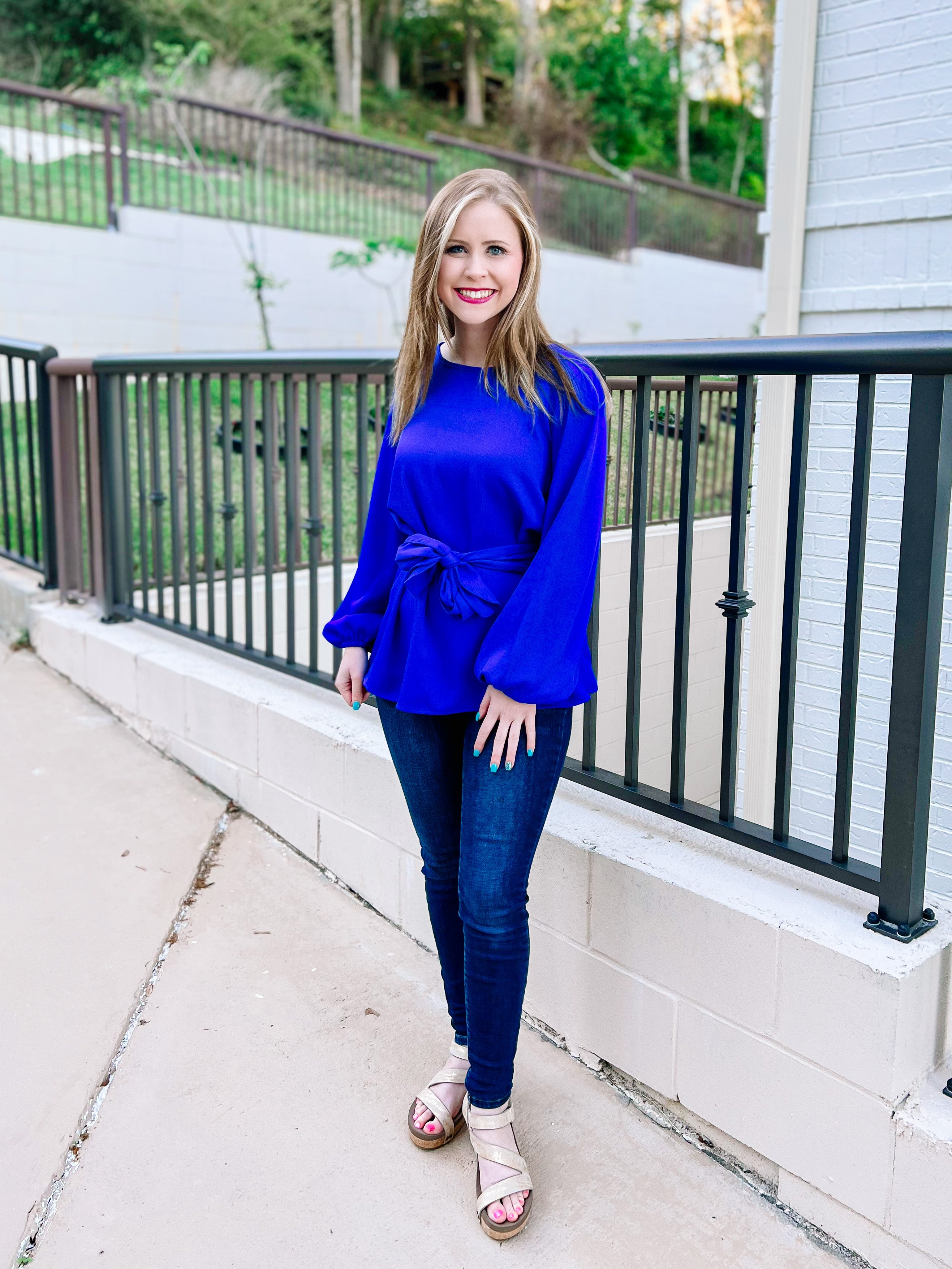 Royal Blue Tie Waist Bow Blouse