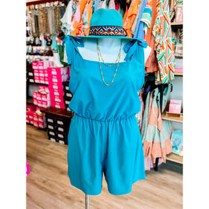 Teal Woven Tie Knot Bow Romper-PLUS