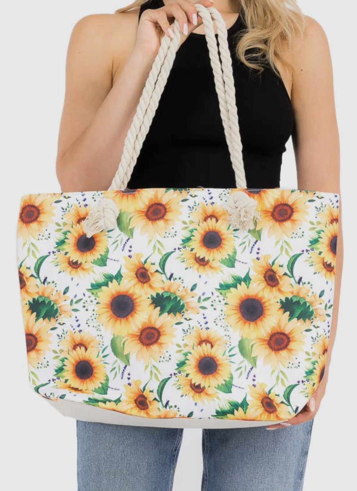 White Sunflower Rope Handled Cotton Tote Bag