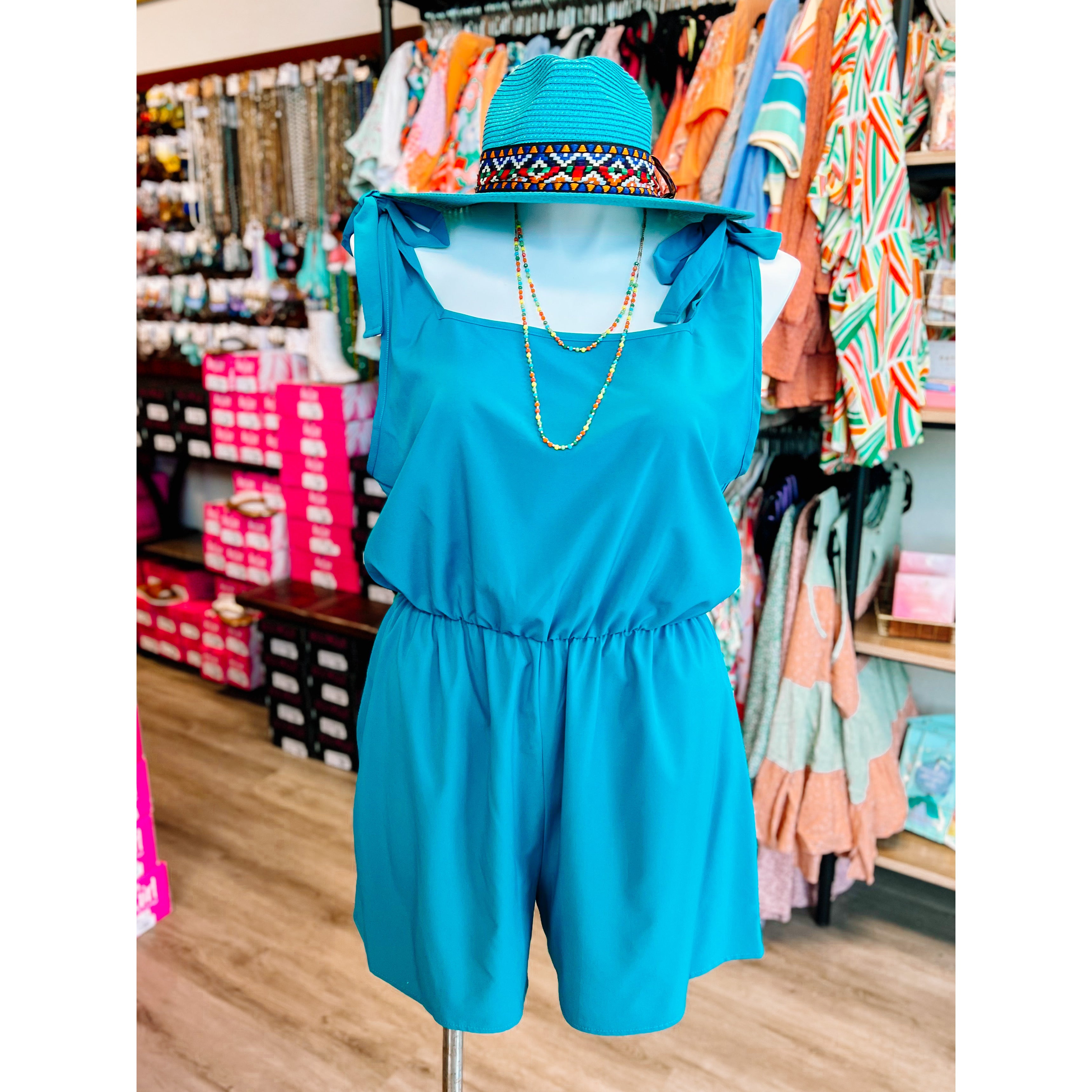 Teal Woven Tie Knot Bow Romper-PLUS