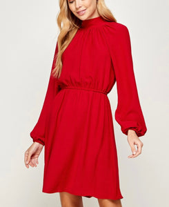 Mock Neck Ruched Waist Longsleeve Dress