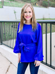 Royal Blue Tie Waist Bow Blouse