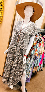 Taupe Animal Side Slit Pocketed Maxi Dress CrissCross Back