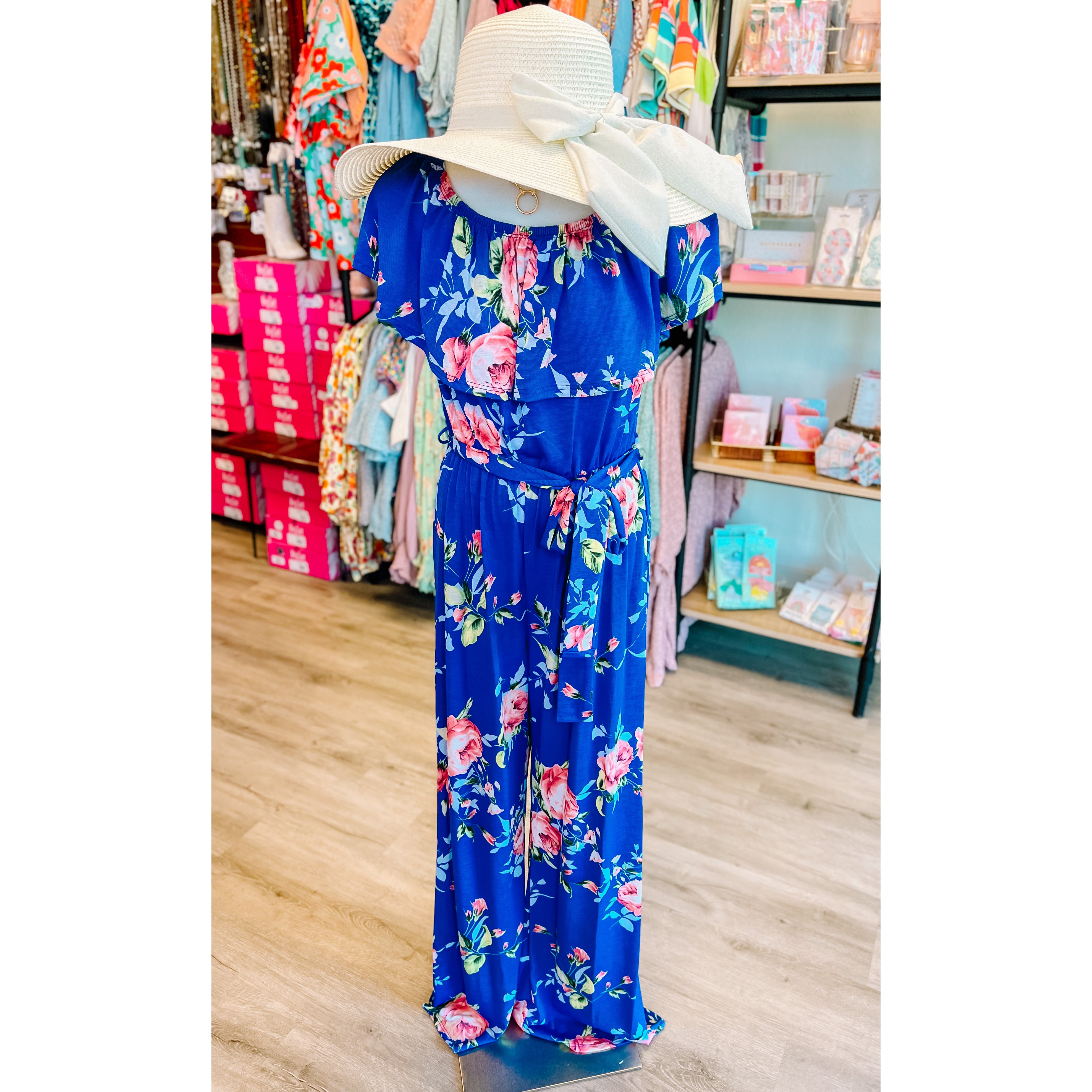 Blue Floral Off/On Shoulder Jumpsuit