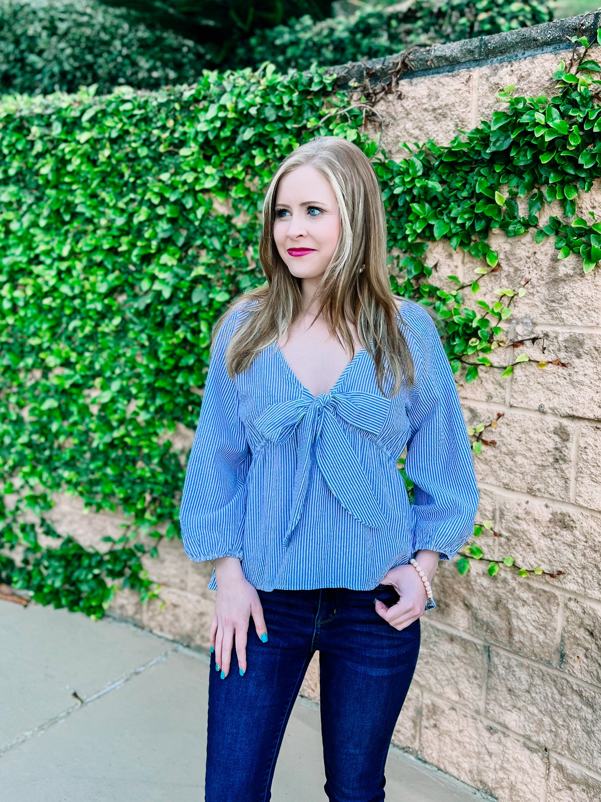 Seersucker Blue Striped Knotted Top- PLUS- SALE