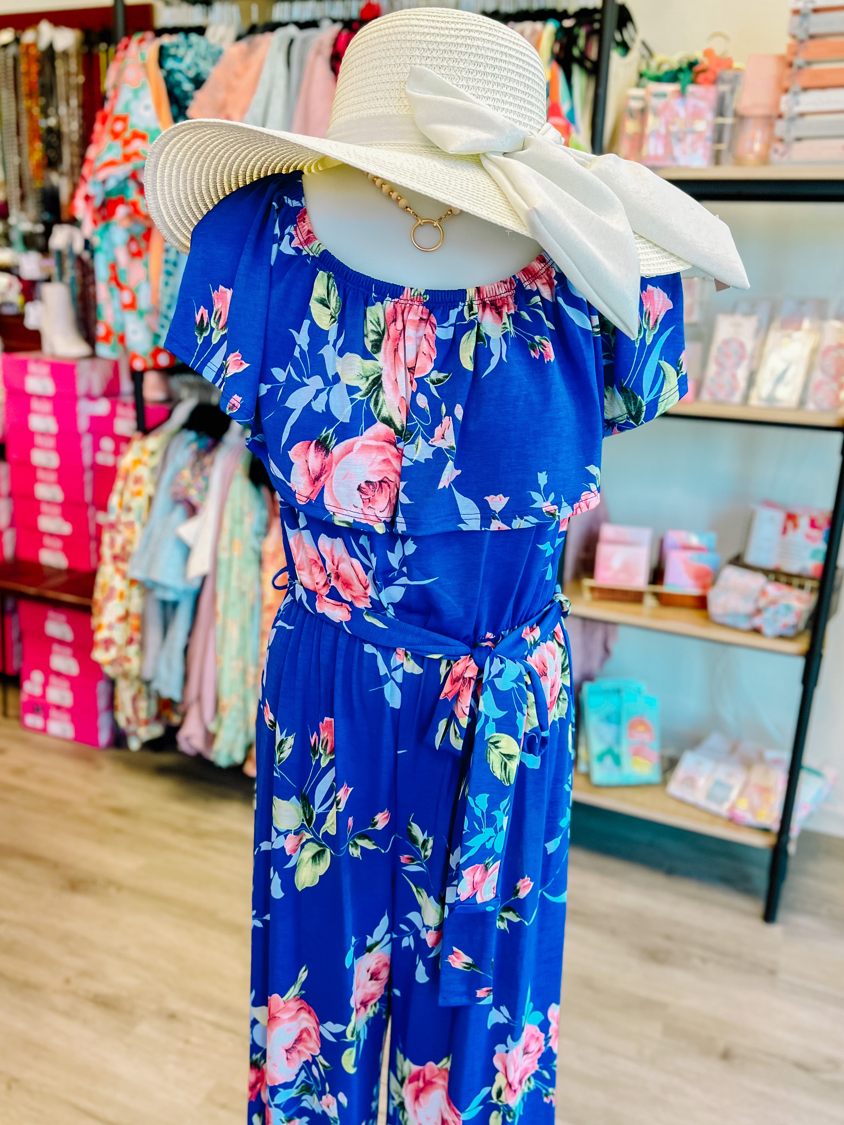 Blue Floral Off/On Shoulder Jumpsuit