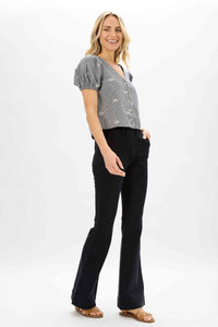 Judy Blue Denim Black High Waist Elastic Pull On Trouser Flare