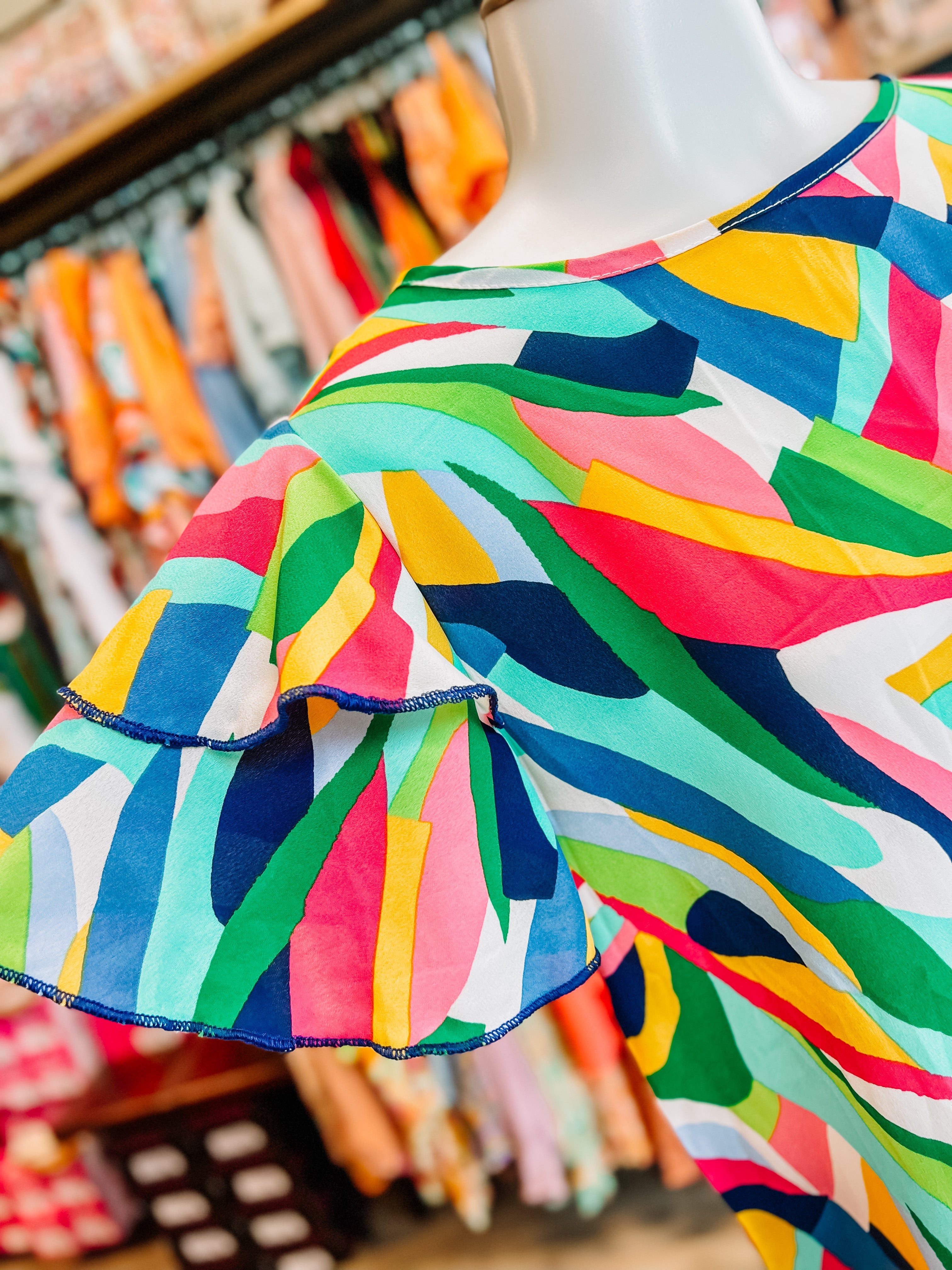 Green Navy Geometric Rufle Top- SALE