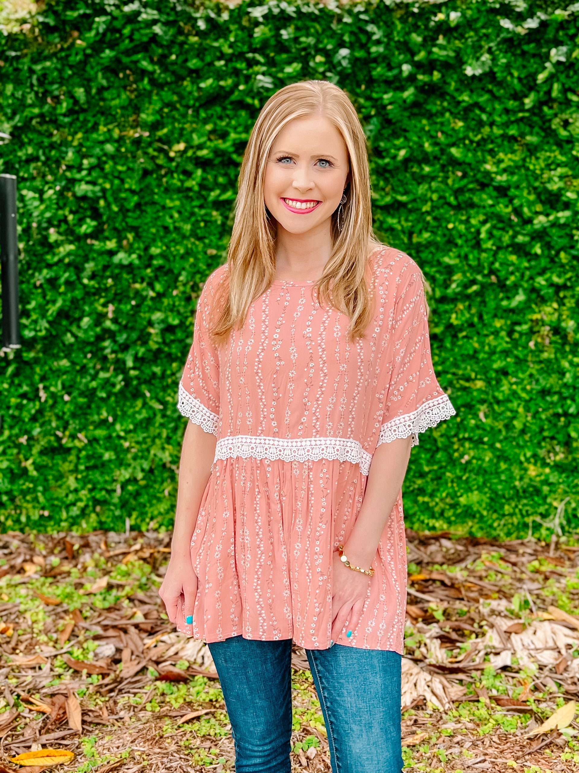 Coral Floral Short Sleeve Top-PLUS 3X