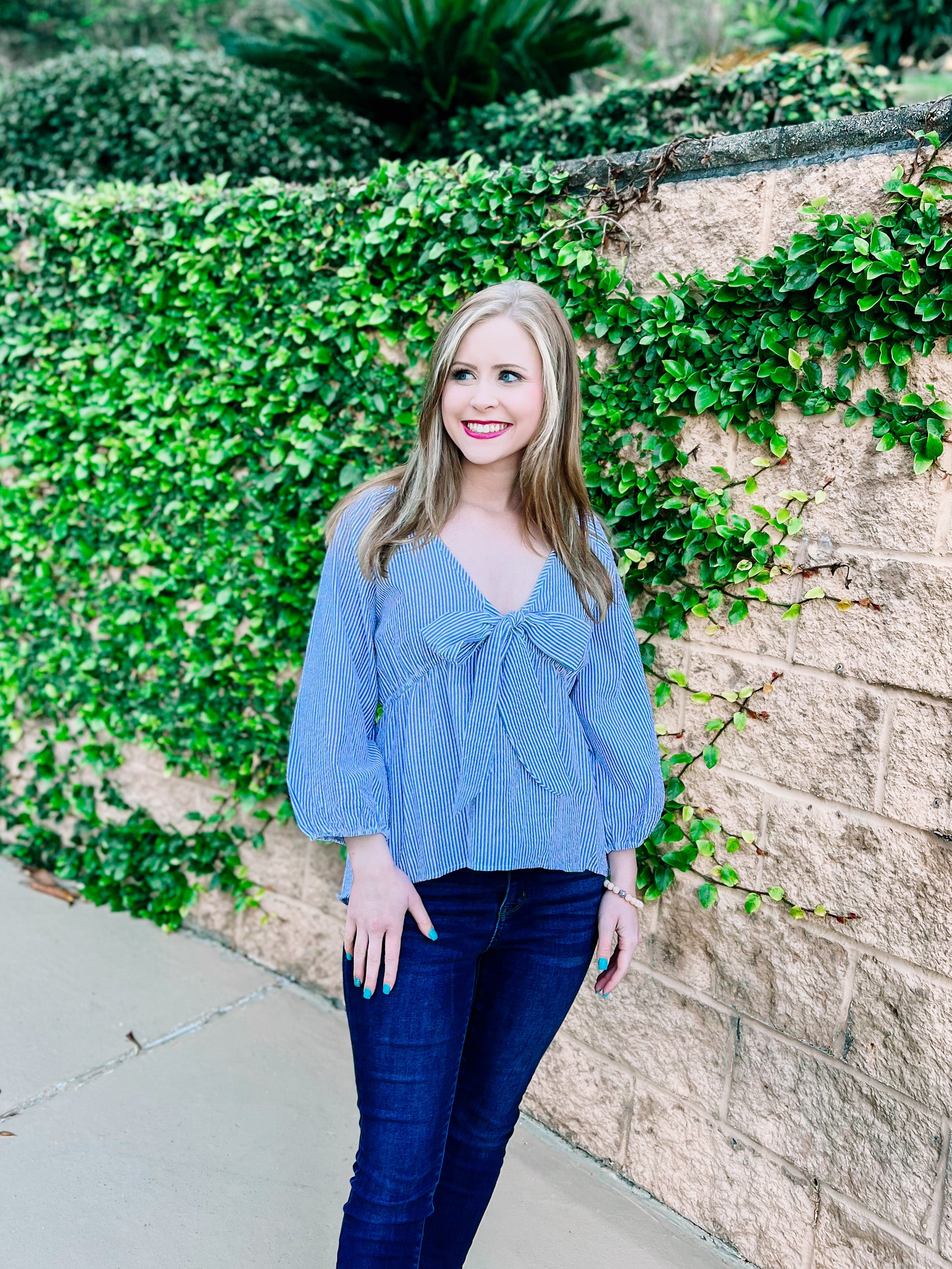 Seersucker Blue Striped Knotted Top- PLUS- SALE