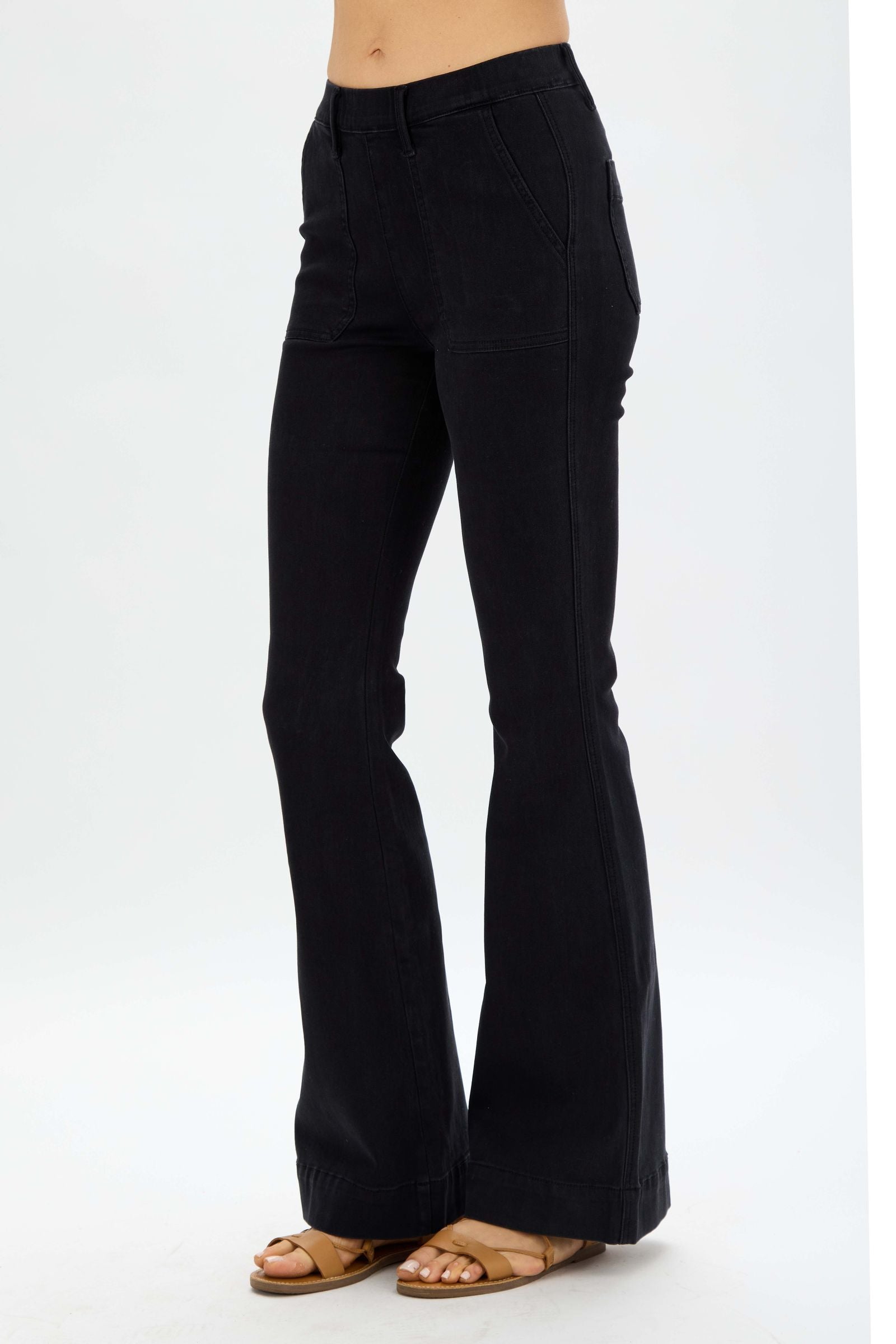 Judy Blue Denim Black High Waist Elastic Pull On Trouser Flare