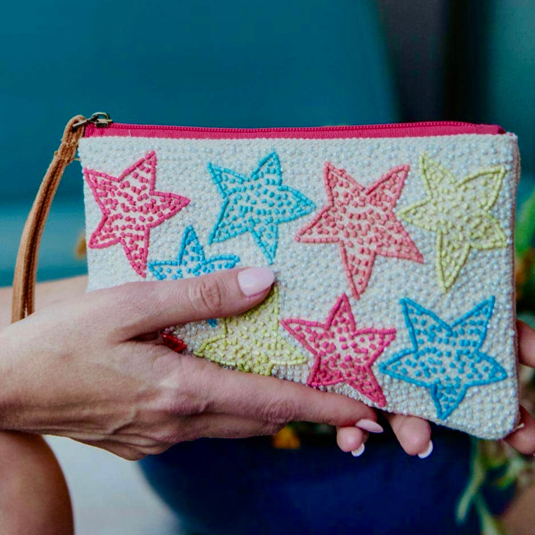 Multi Colored Star Seedbead Wristlet Pouch