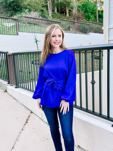 Royal Blue Tie Waist Bow Blouse