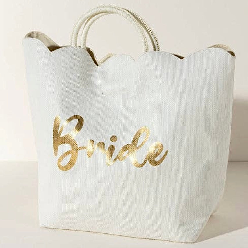 BRIDE Ivory Gold Words Scalloped Edge Tote