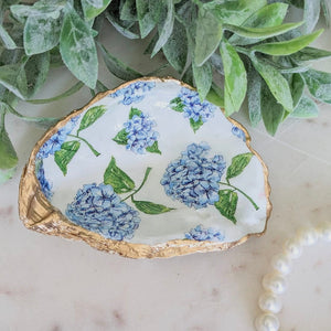 Handmade Oyster Shell Trinket Ring Dish Scattered Hydrangeas