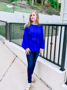 Royal Blue Tie Waist Bow Blouse